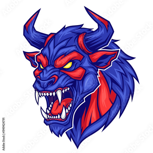 Blue and red cartoon devil head.