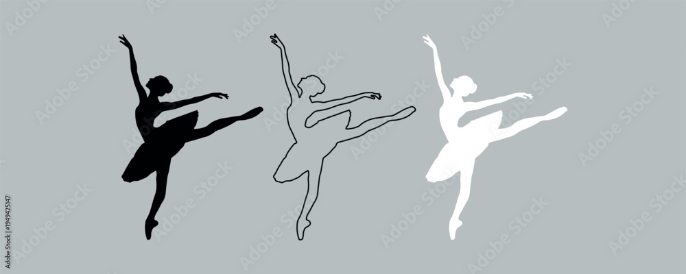 Fototapeta premium Graceful ballerina silhouette set, elegant ballet dancer vector icons, black and white performing arts graphics, 3 elements in EPS format