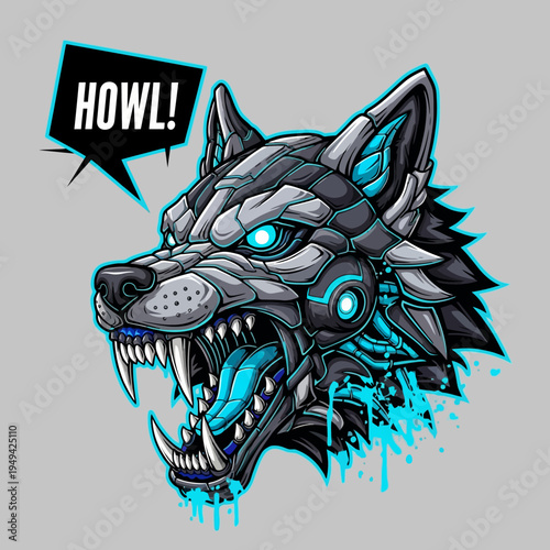 Gray wolf head with sharp teeth.