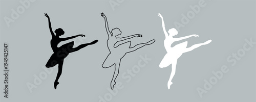 Set of 3 Ballerina Dancer Silhouettes Vector Icons in Black, Outline, and White for Dance, Performance, and Art Designs
