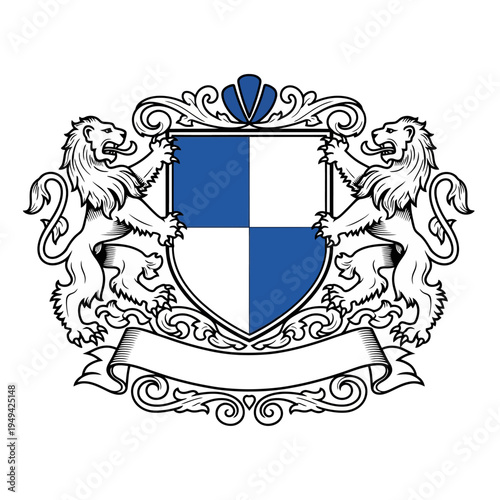 Heraldic Lion Shield Crest Emblem.