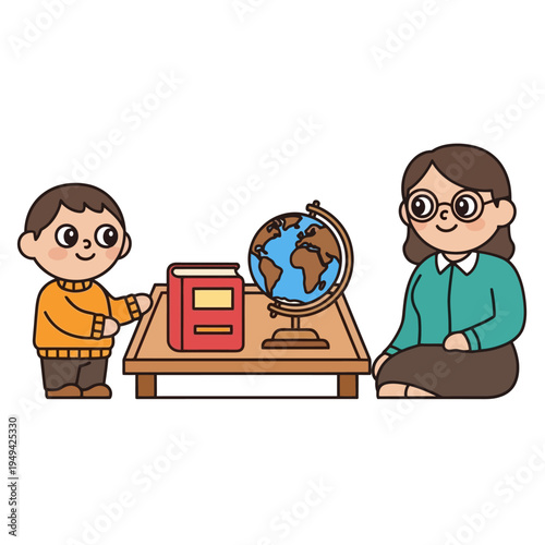 Woman and child with school globe.