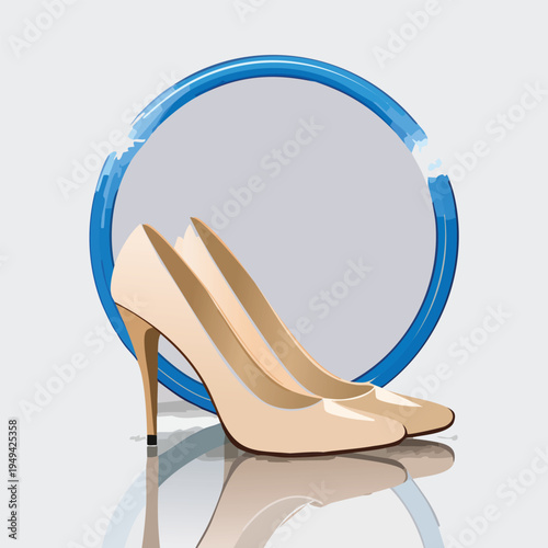 Elegant beige high heeled shoes reflected near a blue circle vector illustration