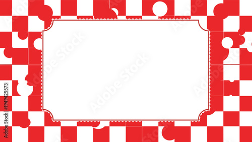 Ornate white blank frame set against a red and white background with a decorative checkered pattern and scattered polka dots for custom text.