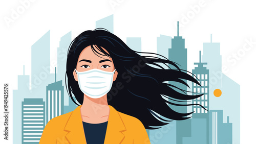 Vector illustration of a woman with long dark windblown hair wearing a white medical face mask against a blue urban city skyline background.