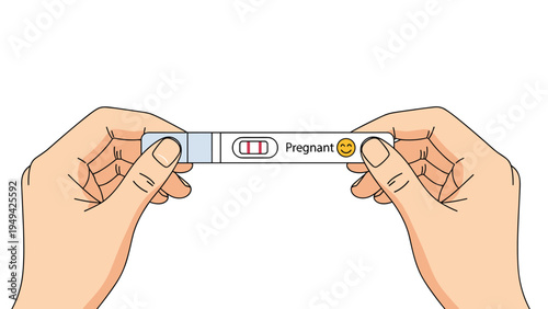 Pair of hands holding a plastic pregnancy test strip displaying two red lines and a smiling emoji indicating a positive result and happy news.
