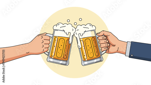 Two hands holding large glass mugs of frothy beer clinking them together in a celebration toast against a warm circular yellow background.