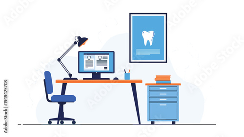 Modern dentist office workplace featuring a desk with a computer monitor showing teeth charts a lamp and a blue ergonomic chair in a tidy room.