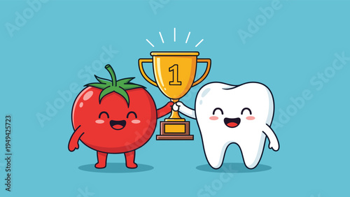 Smiling cartoon tomato and white tooth characters celebrate a victory by holding a gold first place trophy cup together.