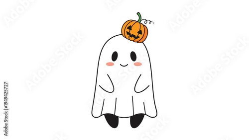 Cute little cartoon ghost with pink cheeks wearing a small carved orange jack o lantern pumpkin as a hat for a friendly Halloween character.