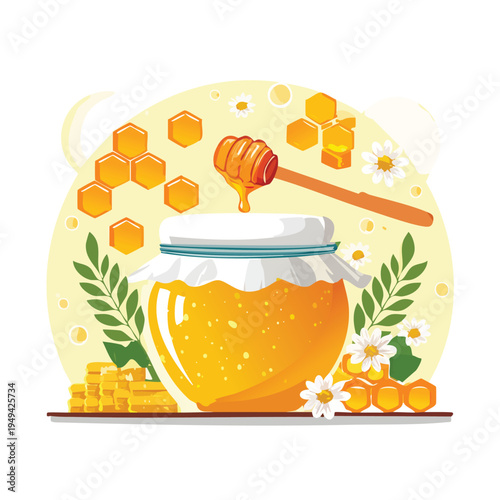 Jar of honey with honeycomb and dipper on white background