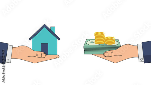 Real estate transaction concept showing two hands exchanging a blue house model for a stack of cash and gold coins.