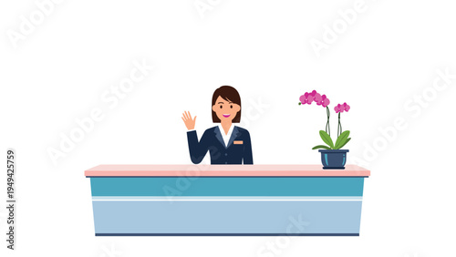 Friendly female receptionist in a suit waves from behind a modern office counter decorated with a potted purple orchid.