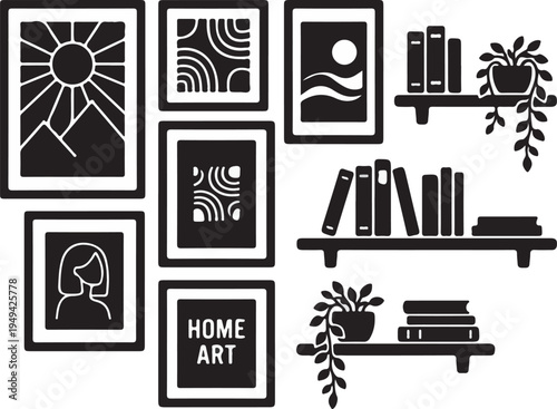 Curated Gallery Wall and Staggered Floating Shelves with Plants Silhouette