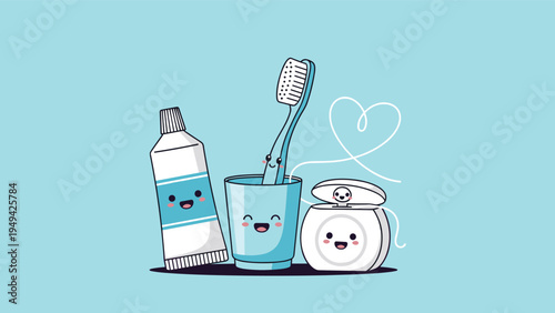 Set of adorable cartoon dental hygiene products including a toothpaste tube, toothbrush in a glass, and a dental floss container.
