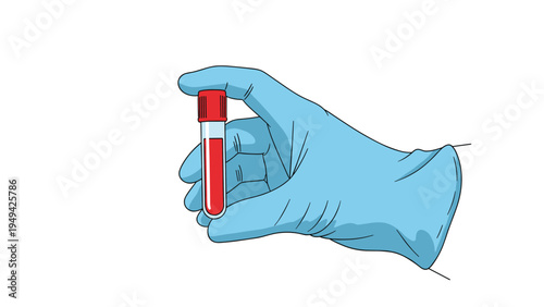 Medical professional wearing a blue nitrile glove holds a small glass test tube containing a red human blood sample.