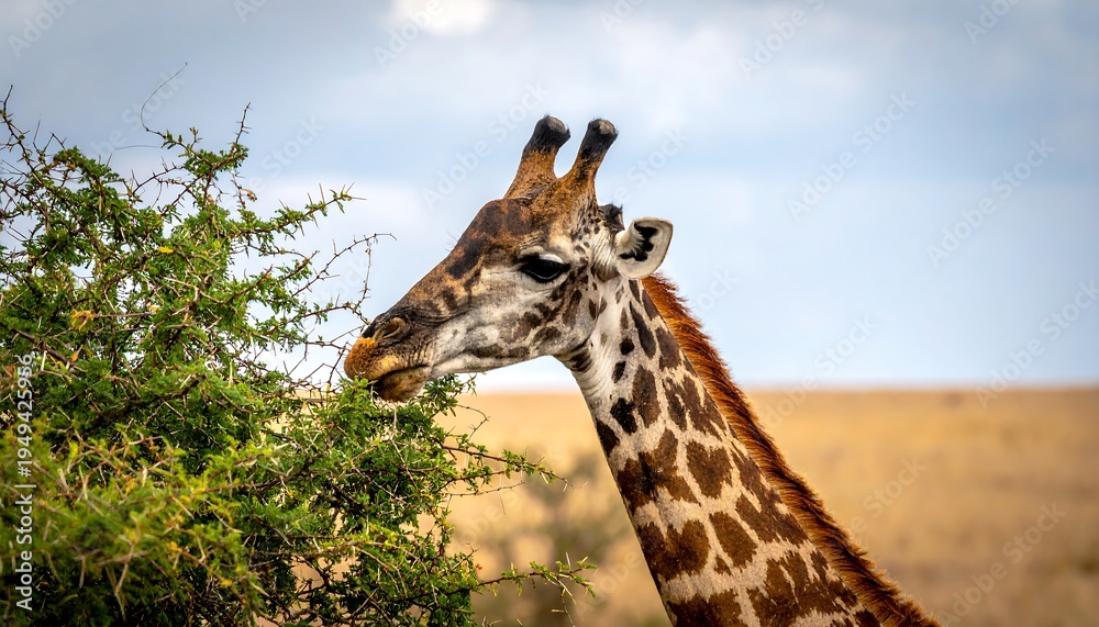 Obraz premium Giraffe eating from a thorny bush on a grassy plain under a partly cloudy sky, focus on the head