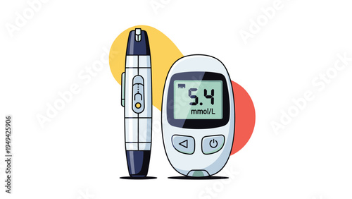Medical devices for blood sugar monitoring including a digital glucose meter showing a reading and an automatic lancet pen.