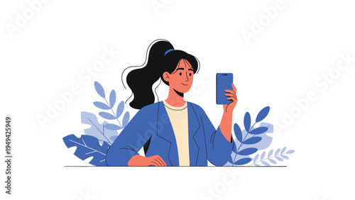 Young woman with a ponytail wearing a blue jacket uses her blue smartphone while standing in front of decorative blue leaves.