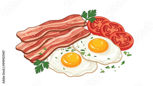 Delicious morning breakfast plate featuring crispy strips of bacon, two fried eggs sunny side up, and fresh sliced tomatoes.