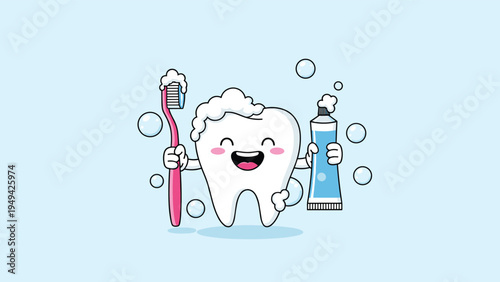 Happy cartoon tooth character holding its own pink toothbrush and a tube of blue toothpaste amidst foamy soap bubbles.