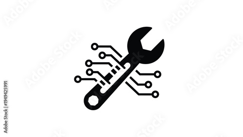 Black vector icon of a wrench tool integrated with a circuit board, symbolizing digital repair, IT support, technical maintenance, and software development for web and app design.