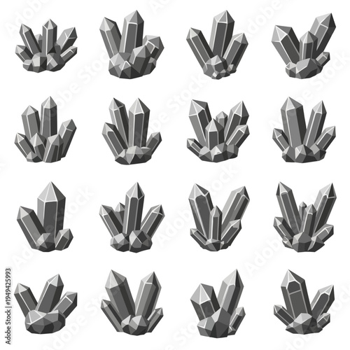 Collection of gray crystal rock formations.