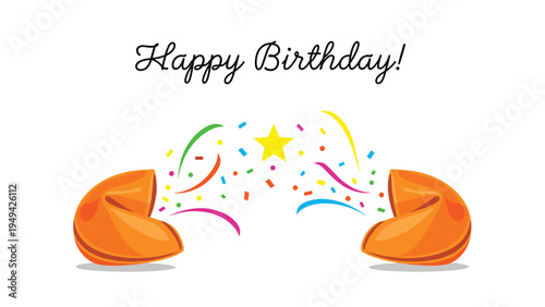 Two halves of an orange fortune cookie open up to release colorful confetti and a golden star under a happy birthday text.