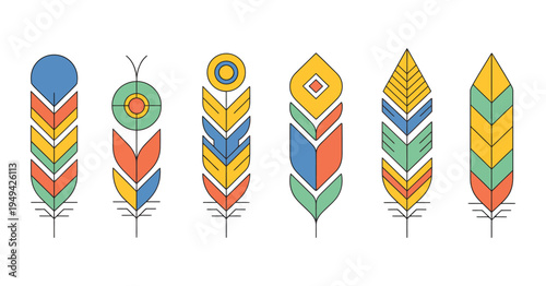 Abstract Feather Color Icon Set, Decorative Bird Feather Symbols in Bright Gradient Colors, Modern Flat Nature Design Elements for Apps, Logos, UI, Branding, Stickers, Posters, and Creative Graphic Pr
