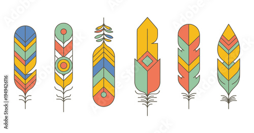 Abstract Feather Color Icon Set, Decorative Bird Feather Symbols in Bright Gradient Colors, Modern Flat Nature Design Elements for Apps, Logos, UI, Branding, Stickers, Posters, and Creative Graphic Pr