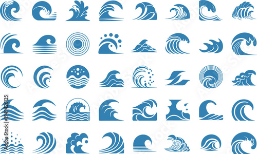 ocean wave icon set collection, minimalist water wave symbols, sea surf logo elements, nautical vector illustration pack