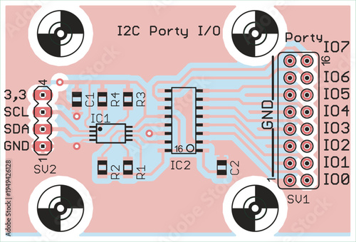 Vector printed circuit board of electronic 
device with components of radio elements, 
conductors and contact pads placed on pcb. 
Engineering technical drawing.
Computer technic cad design.
