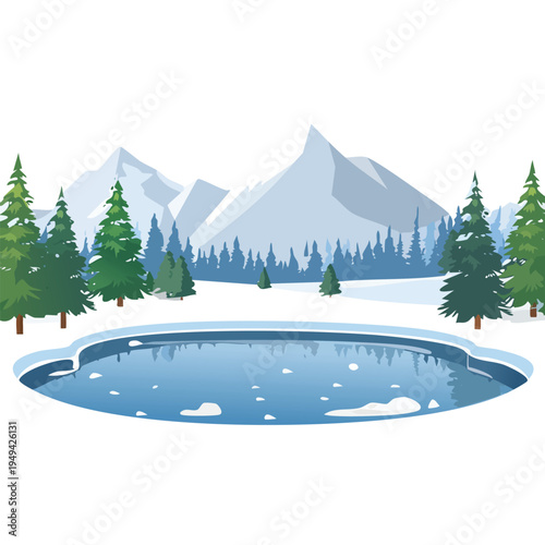 Winter landscape illustration with frozen lake and snow covered mountains
