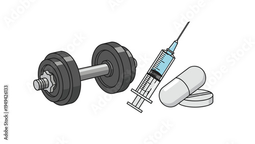 Dangerous combination of fitness and medical items including a heavy metal dumbbell, a medical syringe, and several pills.