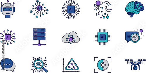 Artificial Intelligence and Machine Learning Technology Icons Set 7.