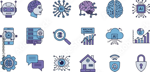 Artificial Intelligence and Machine Learning Technology Icons Set 8.