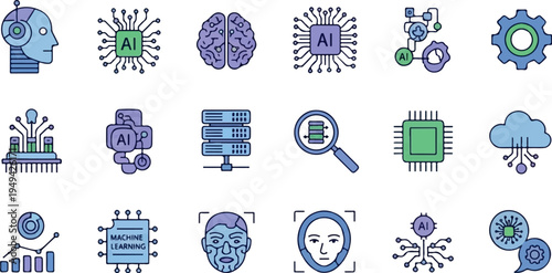 Artificial Intelligence and Machine Learning Icons Set 13.