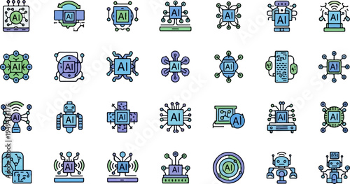 Artificial Intelligence AI Technology Icons Set.