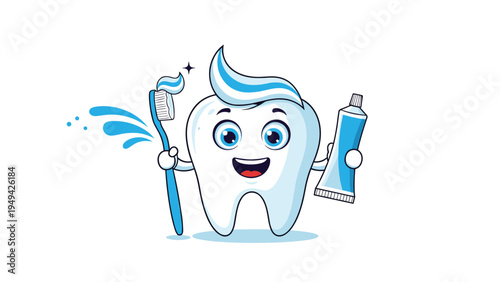 Cheerful cartoon tooth mascot happily holding a blue toothbrush and a tube of toothpaste while splashing fresh blue water.