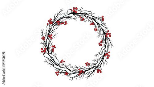 Delicate winter wreath made of thin black branches decorated with clusters of red berries and patches of white fallen snow.