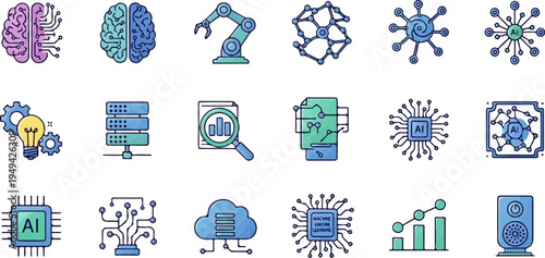 Artificial Intelligence and Machine Learning Icons Set for Modern Technology and Data Science 1.