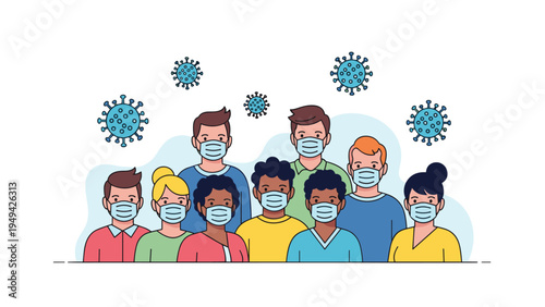 Diverse group of people wearing protective surgical masks to prevent the spread of viruses in a crowded environment.