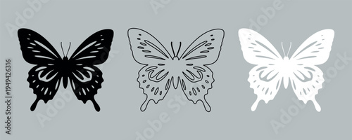 Set of 3 Butterfly Icons Vector in Black, Outline, and White Styles for Nature, Beauty, and Spring Designs, Isolated on Gray Background