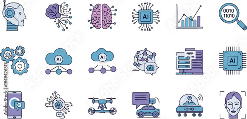Artificial Intelligence and Machine Learning Technology Icons Set 13.