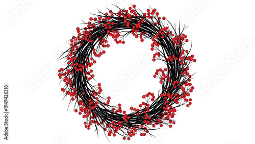Richly decorated circular wreath composed of numerous small red berries on a network of thin black wintry branches.