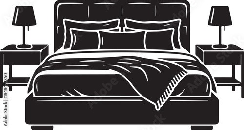 Modern King-Size Bed with Symmetrical Nightstands and Lamps Silhouette