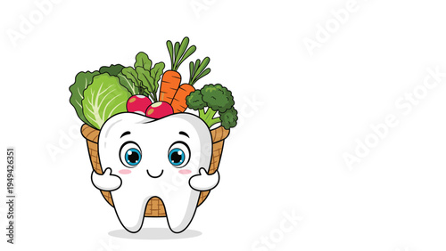 Healthy cartoon tooth mascot smiling while standing in front of a woven basket overflowing with fresh green vegetables.