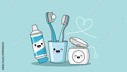 Set of dental hygiene products including two toothbrushes in a glass, a toothpaste tube, and a container of dental floss.