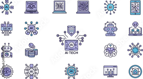 AI Technology Icons Set Artificial Intelligence Machine Learning and Robotics.