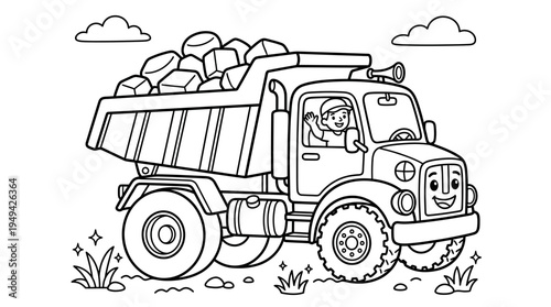 Smiling cartoon truck driver transporting rocks.